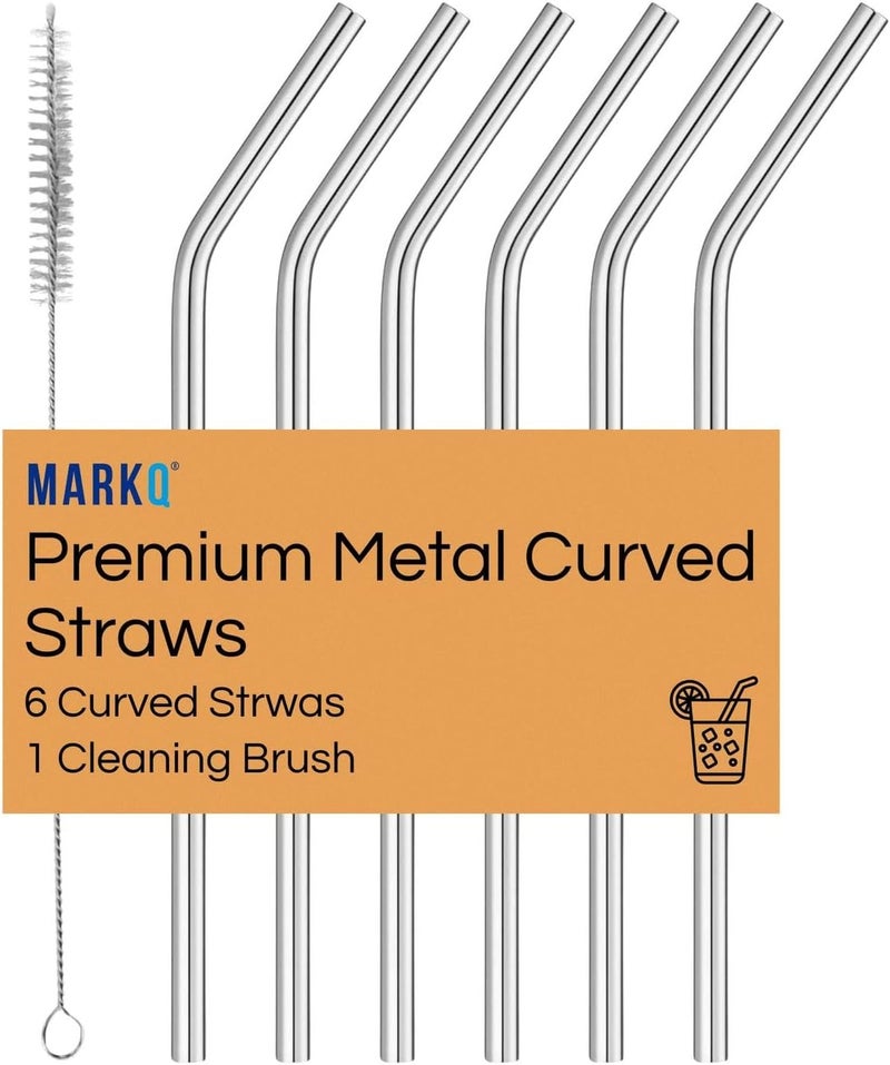 MARKQ Stainless Steel Straw Set – 6 Curved Metal Drinking Straws with Cleaning Brush, Reusable Straws for Hot and Cold Beverages, Smoothies, Coffee, Tea, Juices, Pack of 2 - Image 1