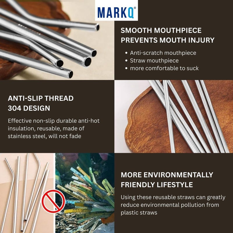 MARKQ Stainless Steel Straw Set – 6 Curved Metal Drinking Straws with Cleaning Brush, Reusable Straws for Hot and Cold Beverages, Smoothies, Coffee, Tea, Juices, Pack of 2 - Image 2
