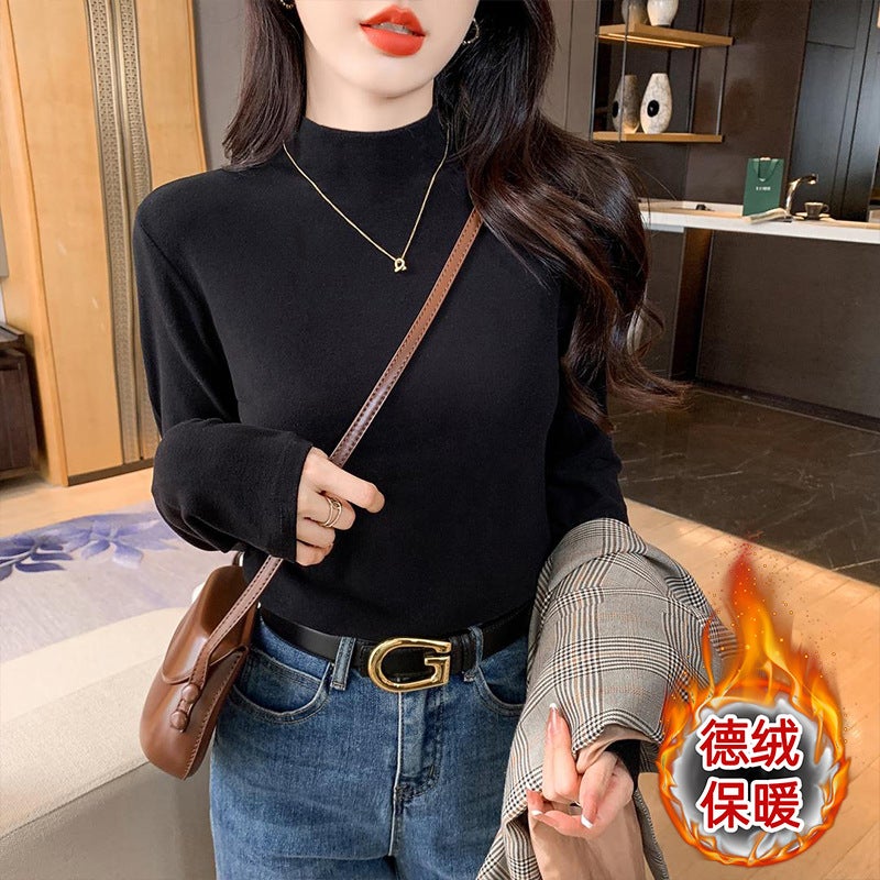 Suit jacket inner top Maillard style long-sleeved T-shirt womens bottoming shirt autumn and winter double-sided velvet half turtleneck Black - Image 1