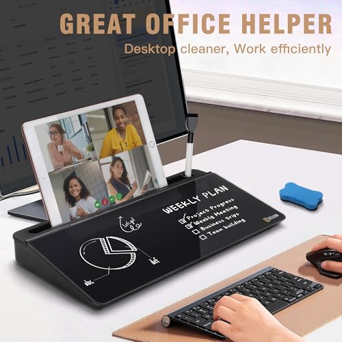 SELEAD Desktop Glass Whiteboard with Organizer, Markers, Eraser - Dry Erase Board Computer Pad Keyboard Stand with Drawer and Holder for Home, School, Office - Black - Image 3