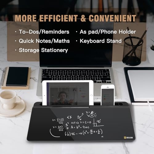 SELEAD Desktop Glass Whiteboard with Organizer, Markers, Eraser - Dry Erase Board Computer Pad Keyboard Stand with Drawer and Holder for Home, School, Office - Black - Image 2