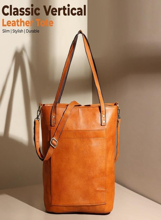 MaheTri Classic Vertical Leather Tote Bag for Women | Genuine Leather Office & Laptop Handbag | Large Stylish Shoulder Bag for Work, Travel & Daily Commute | Elegant Tan Purse - Image 2