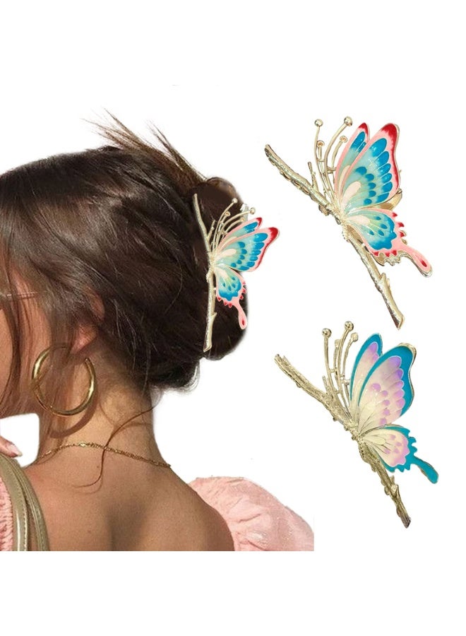 مشابك شعر كبيرة غير قابلة للانزلاق مصنوعة من المعدن اللامع على شكل فراشة للنساء - مشابك شعر قوية وجميلة، هدايا زينة للشعر (قطعتان) - Image 1
