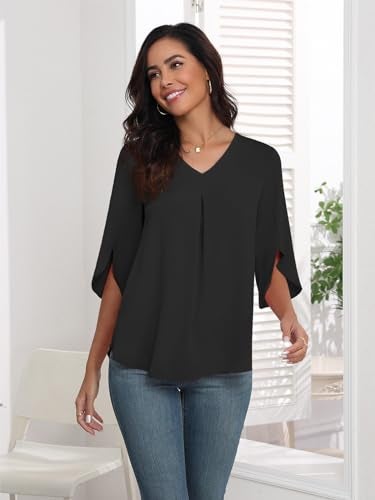 LAOLASI Summer Chiffon Blouses for Women 3/4 Sleeve V Neck Casual Dressy Blouses Work Cute Ladies Tops Shirts,Black,XL - Image 5