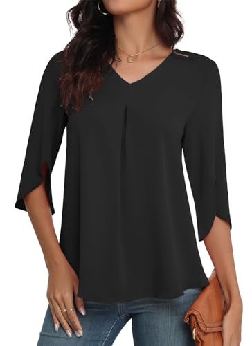 LAOLASI Summer Chiffon Blouses for Women 3/4 Sleeve V Neck Casual Dressy Blouses Work Cute Ladies Tops Shirts,Black,XL - Image 4