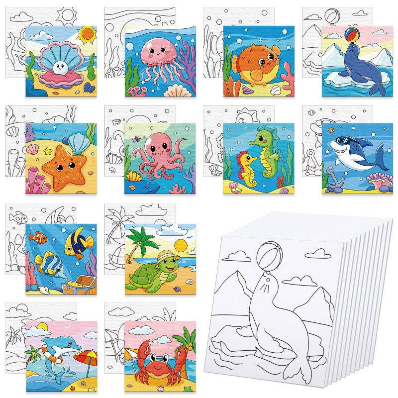Anseal 12 Packs Pre Drawn Canvas to Paint, 4" X 4" Ocean Pre-Printed Paint Party for Kids, Pre Stretched Canvas Outline Painting Boards for Beginners, Students, Party Favor - Image 1