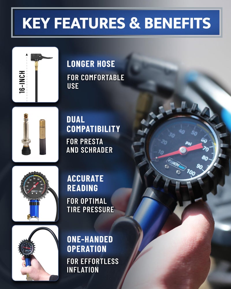 GERCHWAY Presta Valve Adaptor Pump with Removable Schrader to Presta Valve Air Chuck – Accurate Bike Tire Inflator & Pressure Gauge for Air Compressor, 100 PSI - Image 4