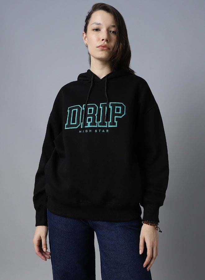 HIGH STAR Women's Black Cotton Blend Printed Oversized Sweatshirt  - Image 1