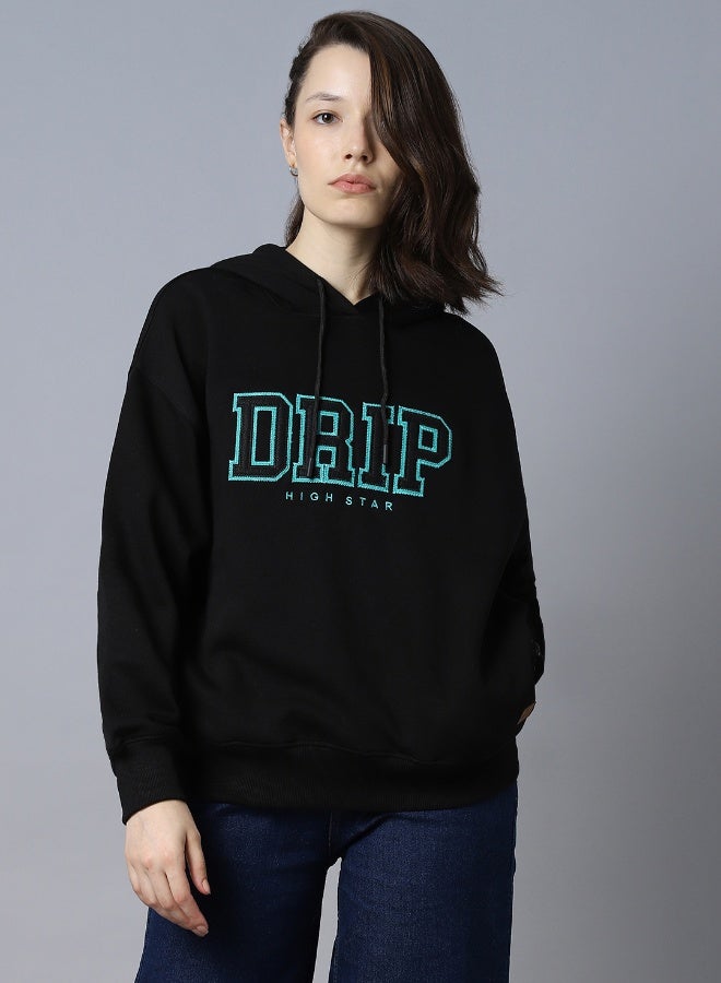 HIGH STAR Women's Black Cotton Blend Printed Oversized Sweatshirt  - Image 4