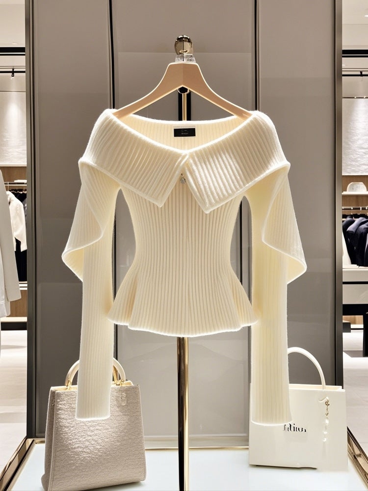 White Sweater Womens 2024 New High-end Design Sense Niche Elegant High-end Chanel Style Waisted Knitted Top Autumn White knitted sweater