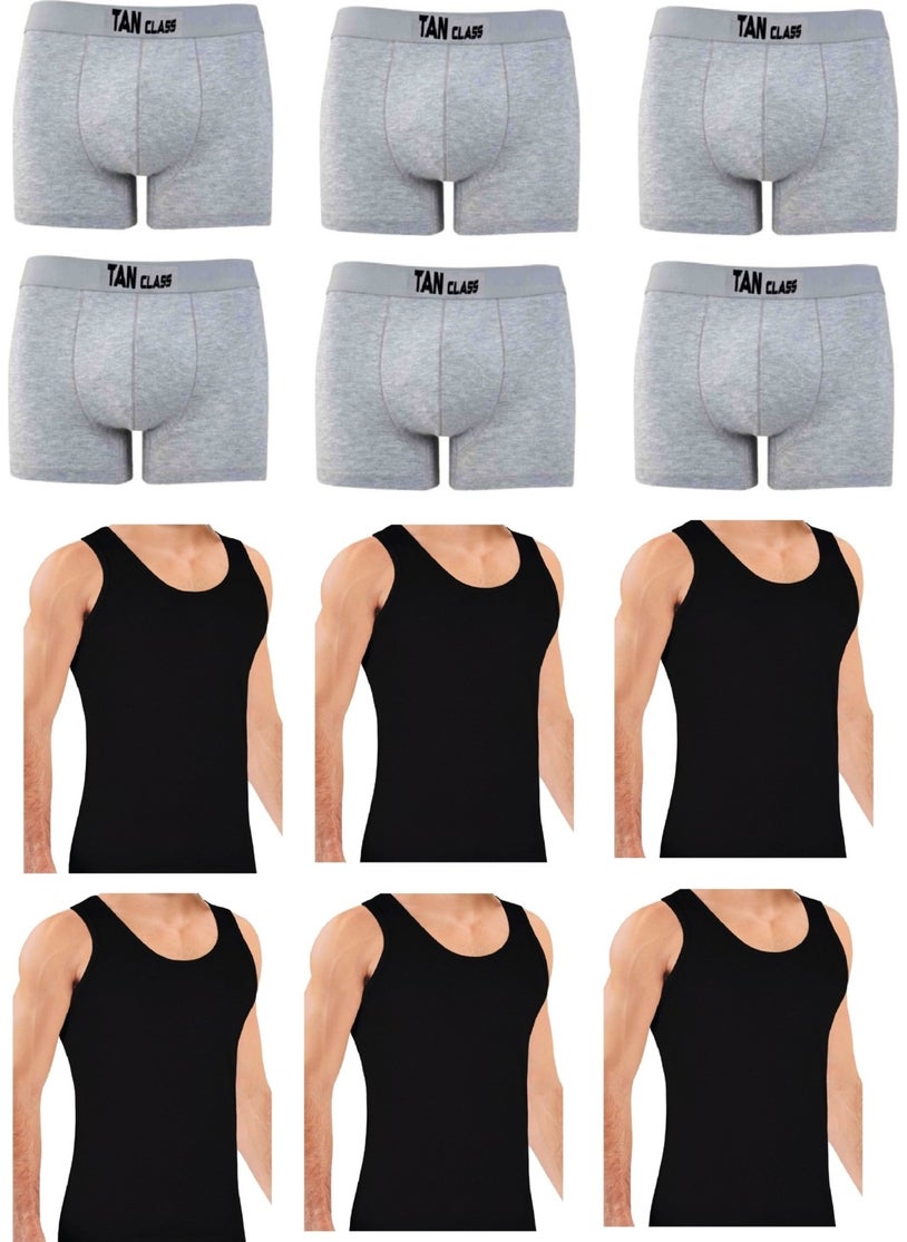 KYC Shopping Economic Package 6 Pieces Grey Lycra Boxer, 6 Pieces Classic Black Undershirt Flexible Fabric, Slim Fit  - Image 1