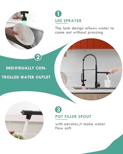 Fapully Black Kitchen Faucet with Pull Down Sprayer,Commercial LED Kitchen Faucet,Single Handle Single Hole Kitchen Sink Faucets - Image 5