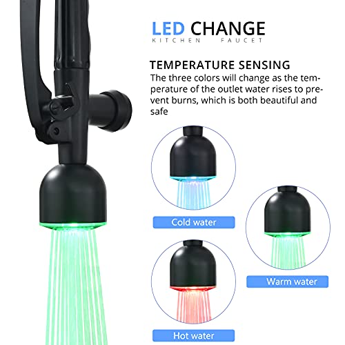 Fapully Black Kitchen Faucet with Pull Down Sprayer,Commercial LED Kitchen Faucet,Single Handle Single Hole Kitchen Sink Faucets - Image 2