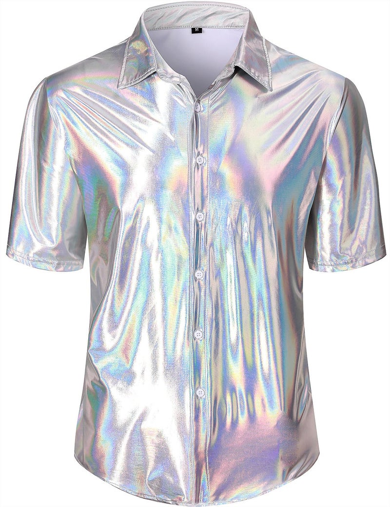 Funny World Disco Shirt Men Shiny Metallic Short Sleeve Button Down Party Nightclub 70s Outfits Sliver Large