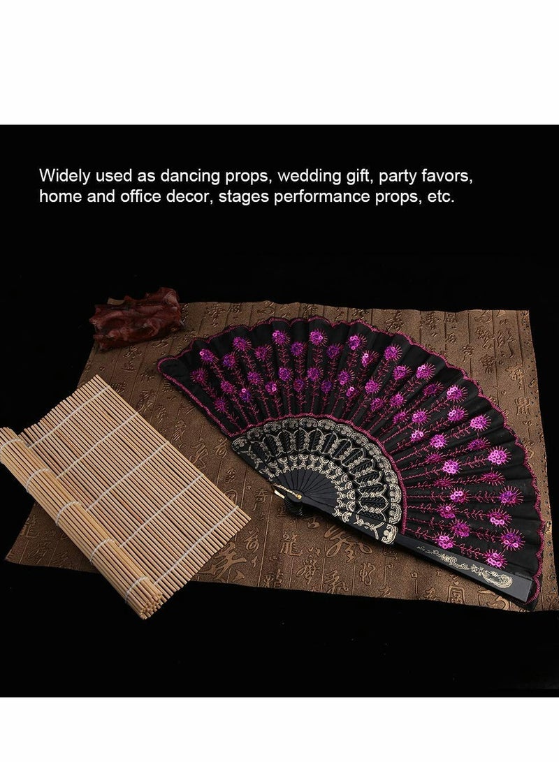 KASTWAVE Embroidered Sequin Folding Fan, Chinese Japanese Wedding Party Gifts Dance Props Home Decor Holiday Gifts 5 Pcs - Image 2