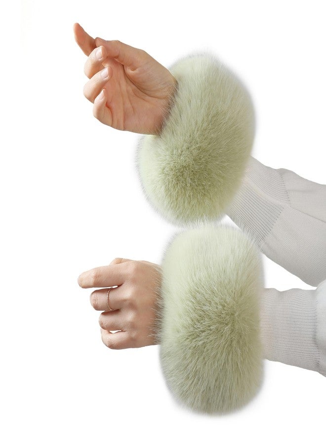 Roniky Women's Faux Fur Wrist Cuffs, Winter Fox Furry Wristbands, Fluffy Fur Cuff Bracelets, Arm Warmers (Light Green, One Size) - Image 1
