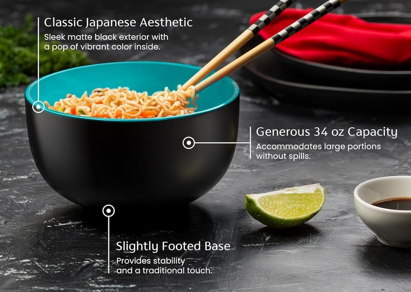 Kook Ramen Bowl, Japanese Bowls, Noodle Bowls, Large Soup Bowl, Ceramic, Large Capacity, For Ramen, Pho, Udon, Soba, Microwave and Dishwasher Safe, 34 oz, Set of 4 (Black/Teal) - Image 3