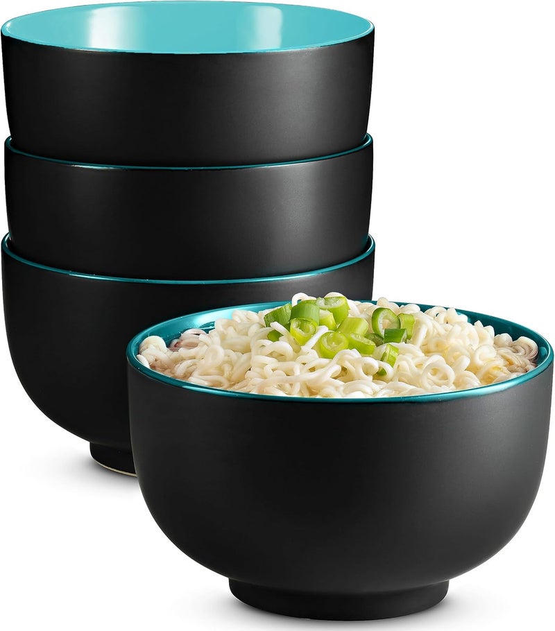Kook Ramen Bowl, Japanese Bowls, Noodle Bowls, Large Soup Bowl, Ceramic, Large Capacity, For Ramen, Pho, Udon, Soba, Microwave and Dishwasher Safe, 34 oz, Set of 4 (Black/Teal) - Image 1