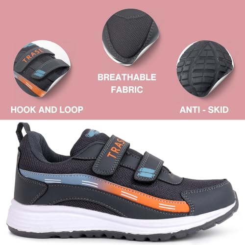 TRASE Sports Shoes for Kids | Running Shoes for Boys & Girls with Hook & Loop | Anti-Skid Comfortable Lightweight Footwear with Breathable Fabric (Grey-Orange, 13 UK) - Image 2