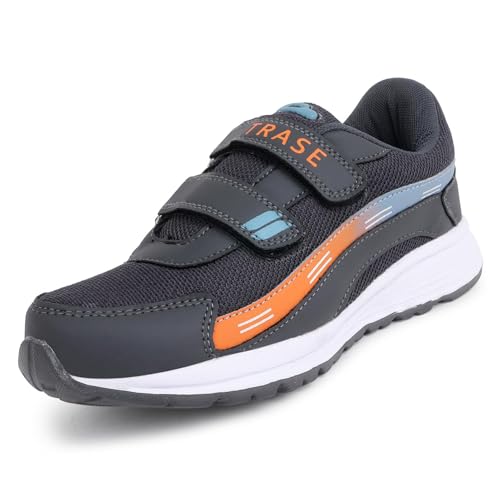 TRASE Sports Shoes for Kids | Running Shoes for Boys & Girls with Hook & Loop | Anti-Skid Comfortable Lightweight Footwear with Breathable Fabric (Grey-Orange, 13 UK) - Image 1