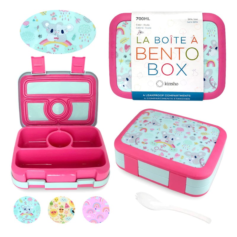 Kinsho kinsho Bento Lunch Box for Kids Toddlers Girls 4 Portion Sections Secure Lid Microwave Safe BPA Free Removable Tray PreSchool Kid Daycare Lunches Snack Container Ages 3 to 5 Pink Koala 