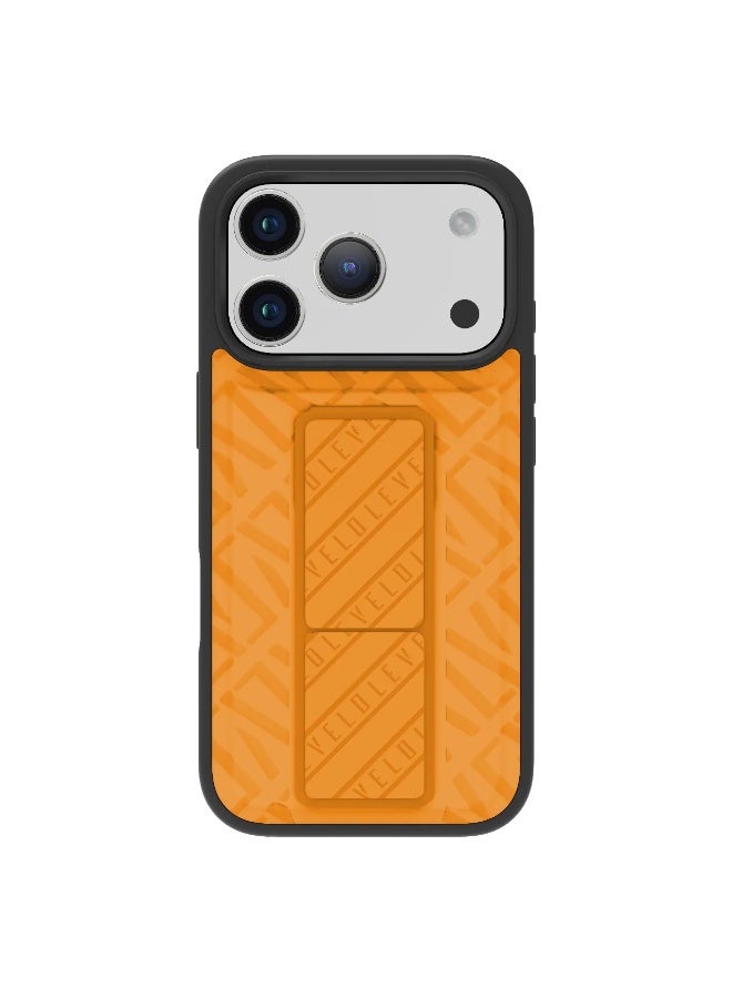 LEVELO iPhone 17 Pro Case Morphix Cuero Gripstand With Magnetic Strap For Secure Hold & Horizontal & Vertical Stand / Raised Edges / One-Hand Grip / Shock-Resistant Bumper / Luxury Printed Branding Back Cover / Slim Fit Design - Sunrise Orange - Image 1