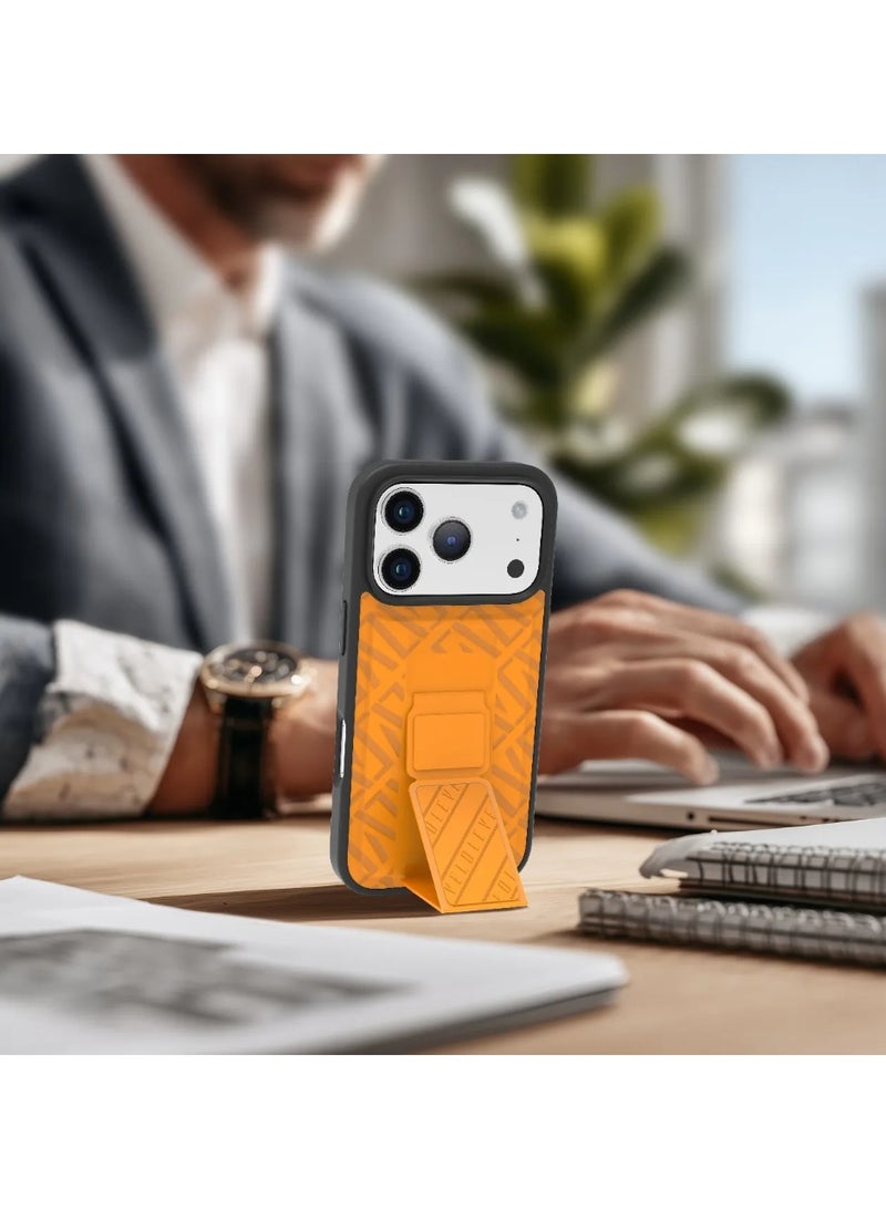 LEVELO iPhone 17 Pro Case Morphix Cuero Gripstand With Magnetic Strap For Secure Hold & Horizontal & Vertical Stand / Raised Edges / One-Hand Grip / Shock-Resistant Bumper / Luxury Printed Branding Back Cover / Slim Fit Design - Sunrise Orange - Image 2