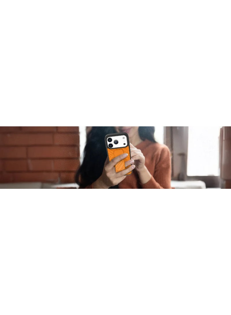 LEVELO iPhone 17 Pro Case Morphix Cuero Gripstand With Magnetic Strap For Secure Hold & Horizontal & Vertical Stand / Raised Edges / One-Hand Grip / Shock-Resistant Bumper / Luxury Printed Branding Back Cover / Slim Fit Design - Sunrise Orange - Image 4