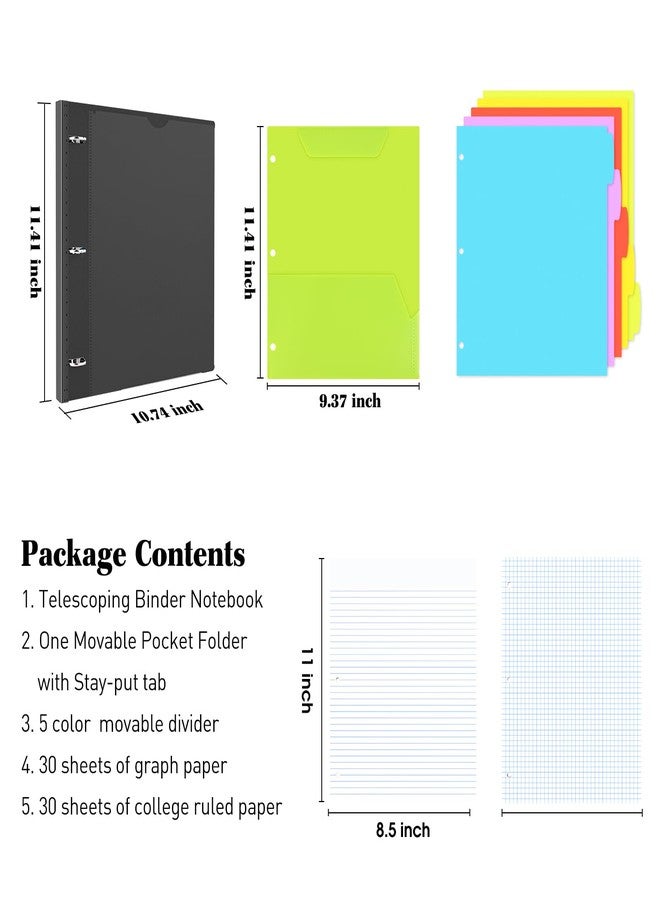 INFUN All-in-one Telescoping Binder Notebook, Refillable 3 Ring Notebook Binder with 1 Plastic Movable Pocket Folder,5 Plastic Subject dividers and Graph Paper and College Ruled Paper- Black - Image 2