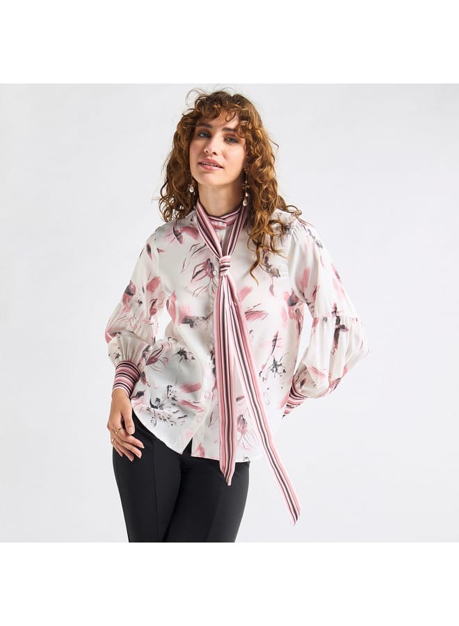 Splash FAV All-Over Floral Print Top with Mandarin Collar and Long Sleeves  - Image 1