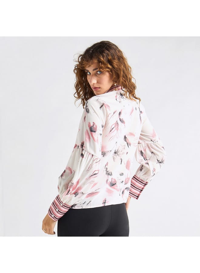 Splash FAV All-Over Floral Print Top with Mandarin Collar and Long Sleeves  - Image 3