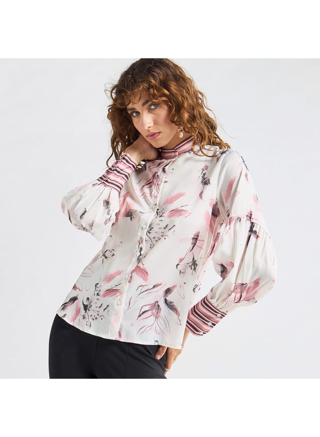 Splash FAV All-Over Floral Print Top with Mandarin Collar and Long Sleeves  - Image 4