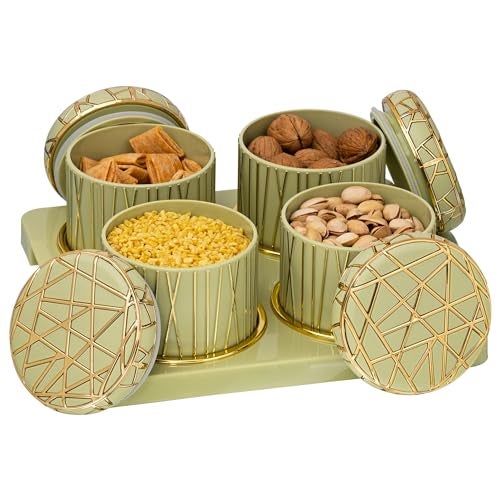 SELVEL Giving shape to life! Royal Linex Airtight Dry Fruit Container Tray Set - 4 Pieces (450Ml), Lime Green Polypropylene with Luxurious Gold Foil Embellishments Perfect for Diwali Gifting - Image 1