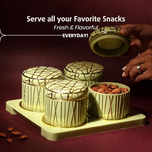 SELVEL Giving shape to life! Royal Linex Airtight Dry Fruit Container Tray Set - 4 Pieces (450Ml), Lime Green Polypropylene with Luxurious Gold Foil Embellishments Perfect for Diwali Gifting - Image 5