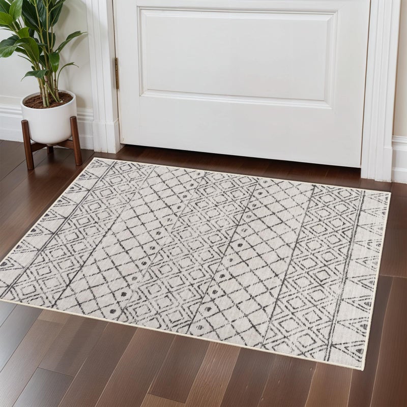 BYYVOO 2x3 Entryway Rug Washable - Moroccan Small Area Rugs for Entryway Low Pile Indoor Mat Non Slip with Rubber Backing Thin Area Rug Pet Friendly for Front Door Kitchen Bedroom 2x3 Geo Grey - Image 2