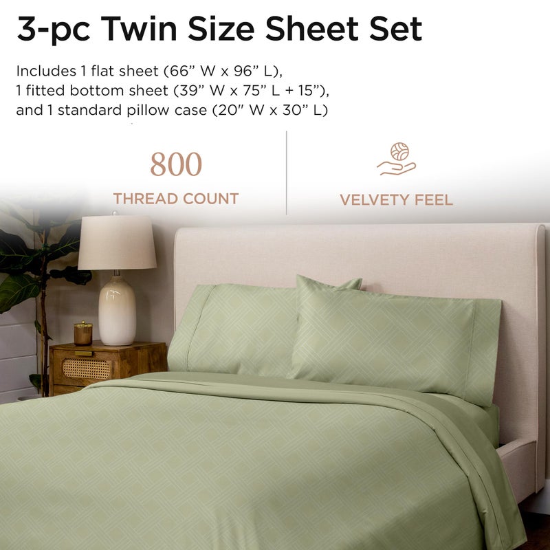 Threadmill Twin Sheets for Twin Mattress | 800 Thread Count Jacquard Celine Sage Green Sheets | 100% Cotton 3 Piece Bed Sheets | Extra Long Staple Cotton | Cotton Sheets with Elasticized Deep Pocket