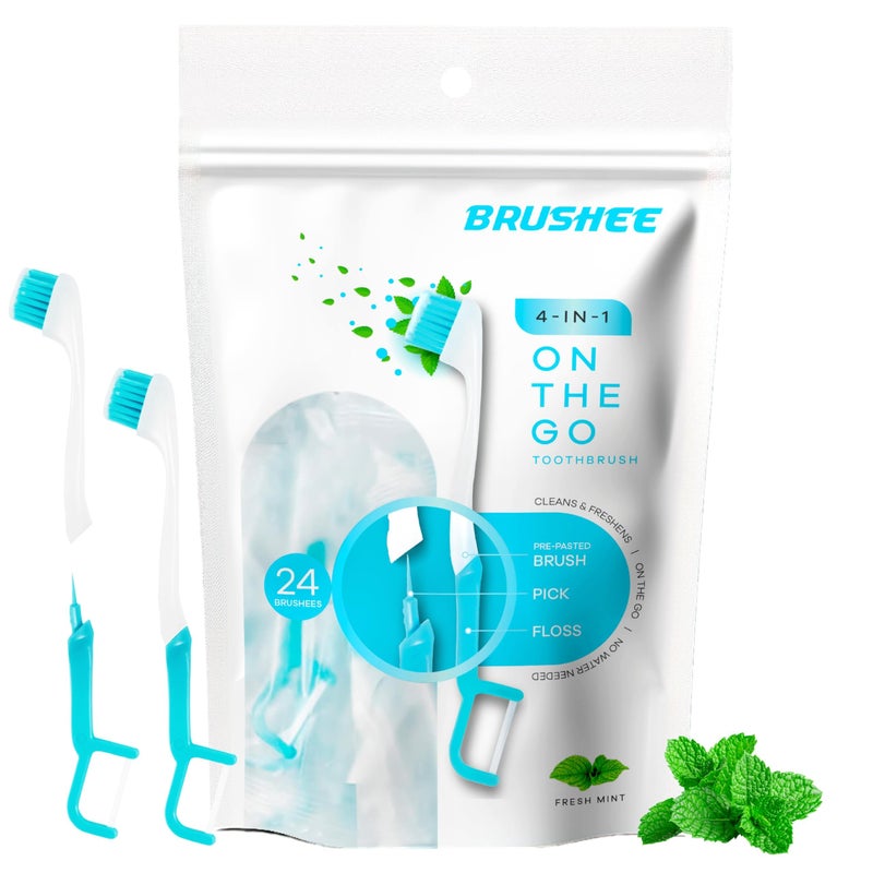 Brushee - The Evolution of Oral Care | 4-in-1 Tool (Paste + Brush + Floss + Pick) | Individually Wrapped | Disposable | Prepasted Travel Toothbrushes | Small Adult Toothbrush - (24-Pack) - Image 1