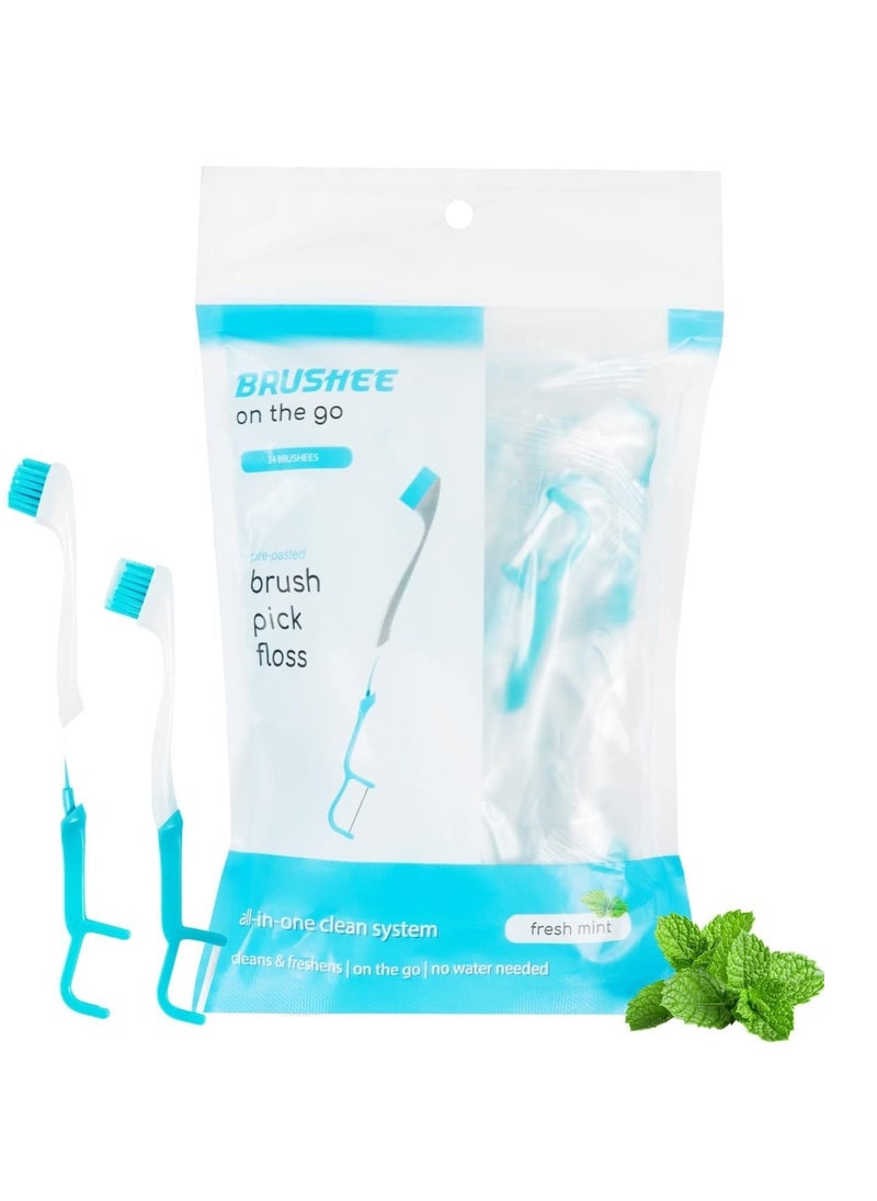 Brushee - The Evolution of Oral Care | 3-in-1 Tool (Pre-Pasted Mini-Brush + Floss + Pick) | Individually Wrapped | Disposable | Prepasted Travel Toothbrushes | Small Adult Toothbrush - (24-Pack) - Image 1