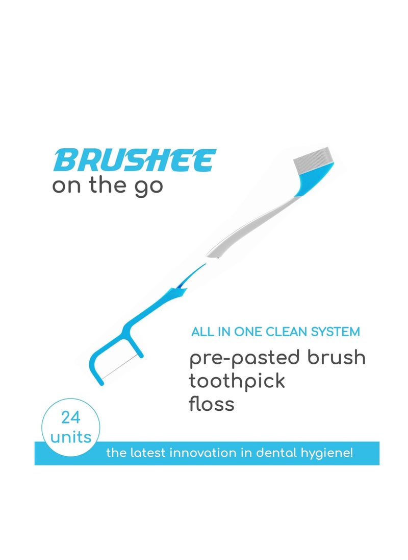 Brushee - The Evolution of Oral Care | 3-in-1 Tool (Pre-Pasted Mini-Brush + Floss + Pick) | Individually Wrapped | Disposable | Prepasted Travel Toothbrushes | Small Adult Toothbrush - (24-Pack) - Image 1