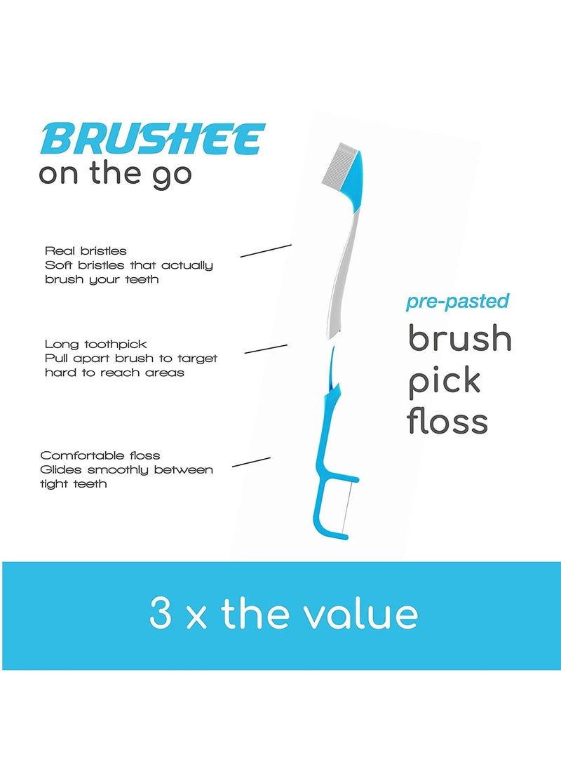 Brushee - The Evolution of Oral Care | 3-in-1 Tool (Pre-Pasted Mini-Brush + Floss + Pick) | Individually Wrapped | Disposable | Prepasted Travel Toothbrushes | Small Adult Toothbrush - (24-Pack) - Image 1
