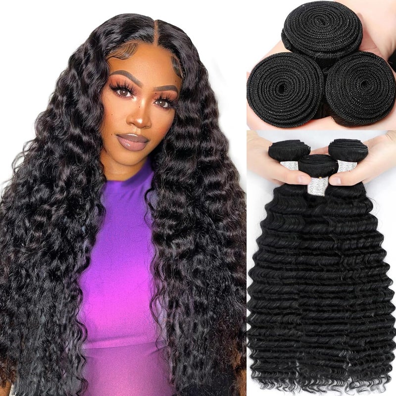 VIOLET 12A Human Hair Bundles 18 20 22 Inch Deep Wave Bundles Human Hair 100% Unprocessed Brazilian Virgin Deep Curly Weave 3 Bundles Hair Extensions for Women Natural Color - Image 1