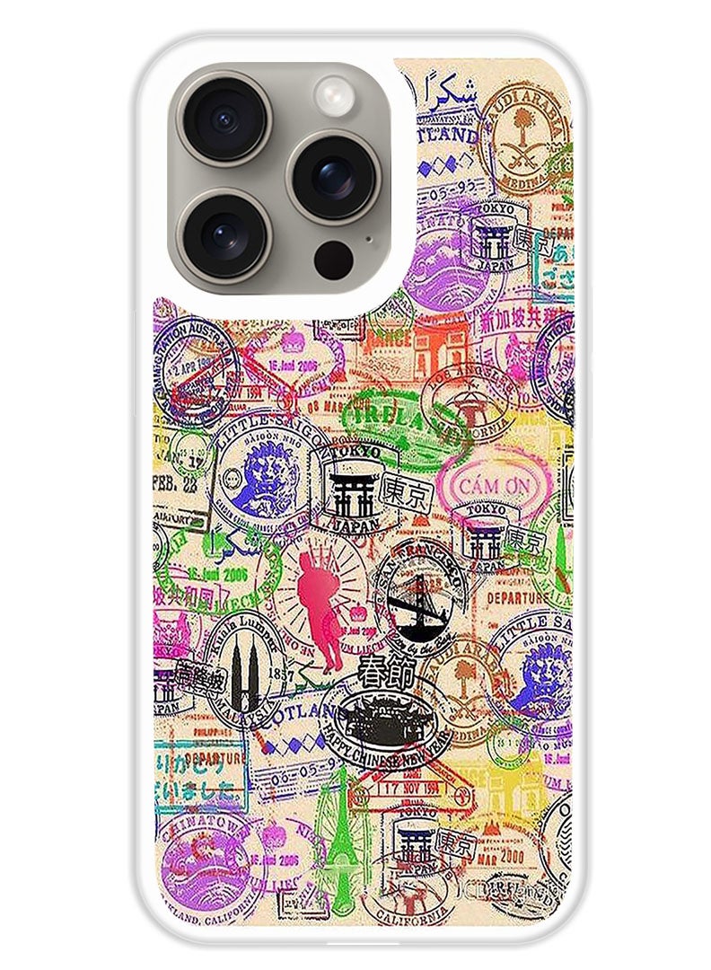 Theodor Protective Case Cover For APPLE IPHONE 15 Pro Max Passport Stamp (White Bumper) - Image 1