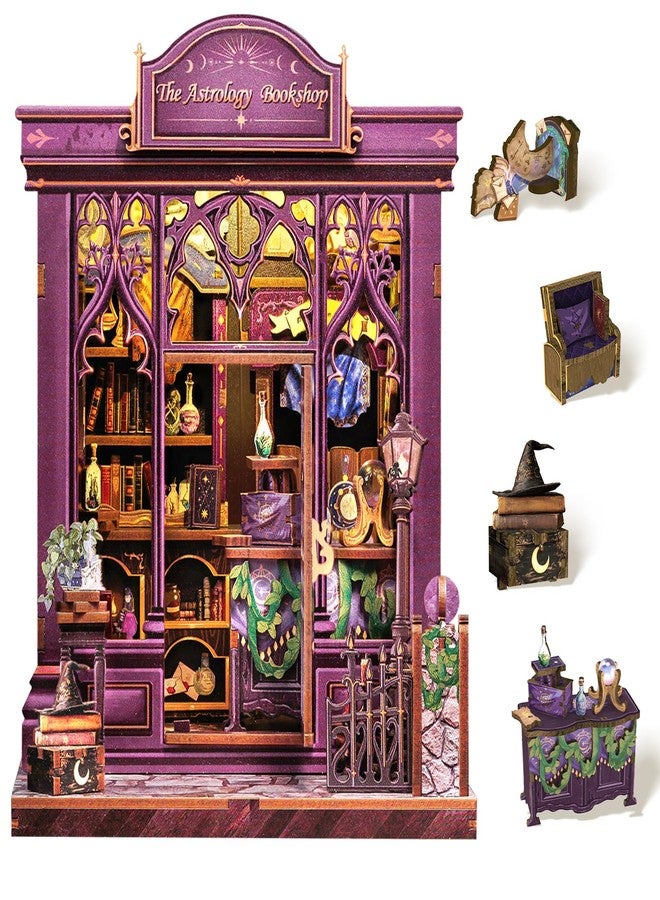 Cutefun Book Nook Kit - DIY Miniature Dollhouse Booknook Kit for Adults and Teens, Tiny House Bookshelf Insert Decor with LED Light, Gifts for Family and Friends (The Astrology Bookshop) - Image 1