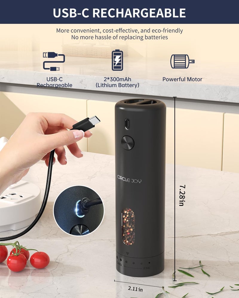 CircleJoy Rechargeable Electric Salt and Pepper Grinder Set with Base, Automatic Pepper Mills with 110ml Container, External Adjustable Coarseness, White Led Light and One-Handed Operation, Black - Image 5