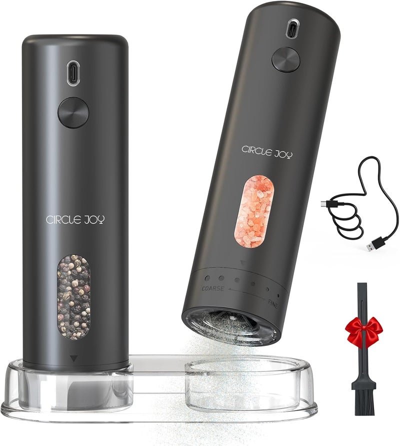 CircleJoy Rechargeable Electric Salt and Pepper Grinder Set with Base, Automatic Pepper Mills with 110ml Container, External Adjustable Coarseness, White Led Light and One-Handed Operation, Black - Image 1