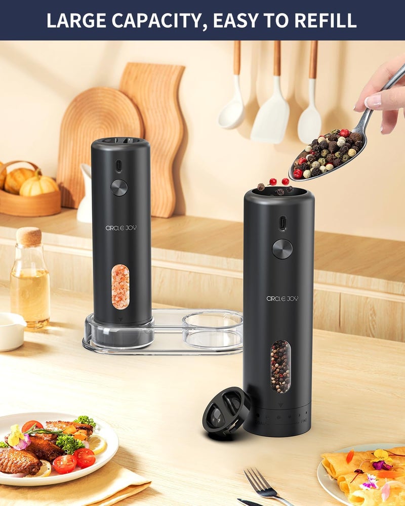 CircleJoy Rechargeable Electric Salt and Pepper Grinder Set with Base, Automatic Pepper Mills with 110ml Container, External Adjustable Coarseness, White Led Light and One-Handed Operation, Black - Image 4