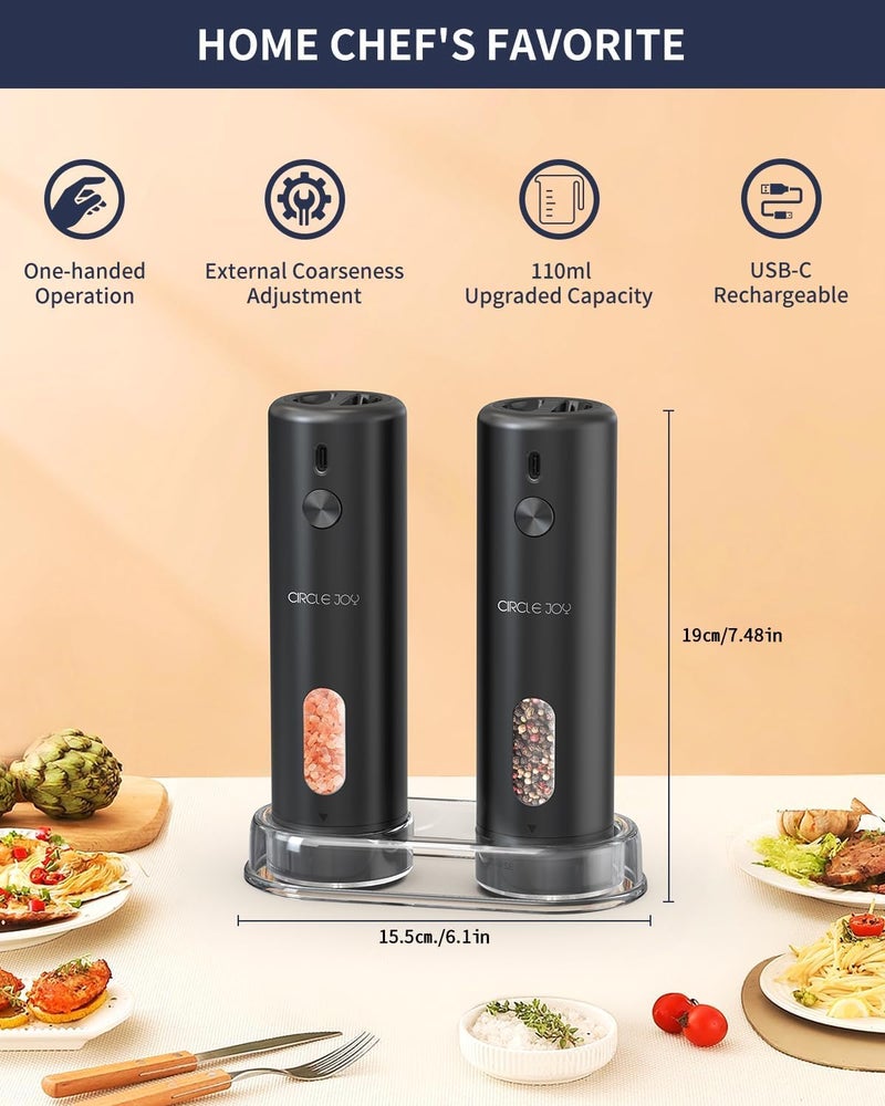 CircleJoy Rechargeable Electric Salt and Pepper Grinder Set with Base, Automatic Pepper Mills with 110ml Container, External Adjustable Coarseness, White Led Light and One-Handed Operation, Black - Image 3