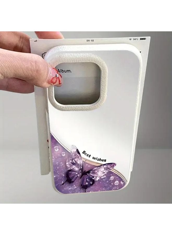 غطاء هاتف آيفون 14 فاخر باللون الأبيض مع تصميم كريستال فراشة - Image 1