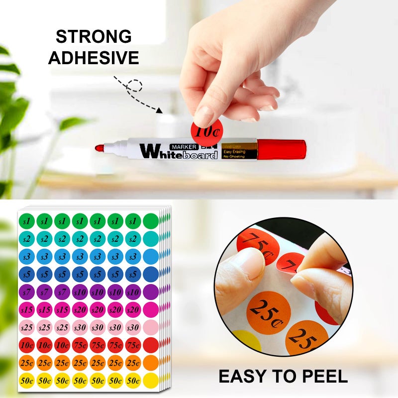 Misofuki Garage Sale Price Stickers Pre-priced 1600 Pcs 3/4 Inch for Flea Markets, County Fairs & Retail, Misofuki 10 Colors Round Pre-Printed Yard Sale Price Stickers, Strong Adhesive Circle Pricemarker Label - Image 3