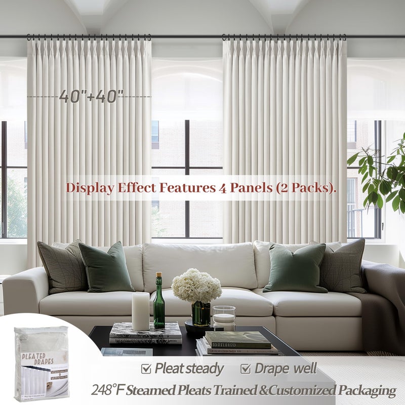 PleatedDrapes Pleat Viral Linen 90 Inch Blackout Curtains for Bedroom, Pinch Pleated Soundproof Privacy Farmhouse Window Drapes Decor with Hooks Neutral Beige White Nursery/Kids Room Darkening Burg 2 Panels Set - Image 4